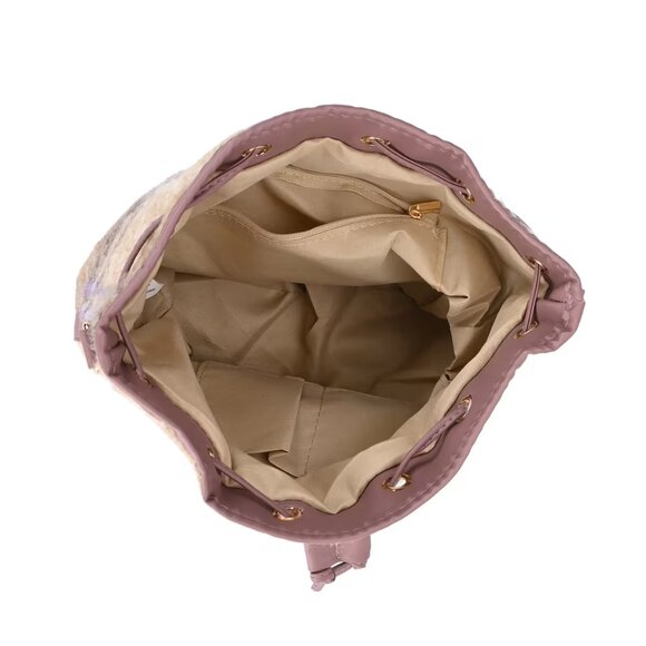 Purple/Tan Bucket Bag with Checker Pattern Faux Fur Design - Picture 3 of 6